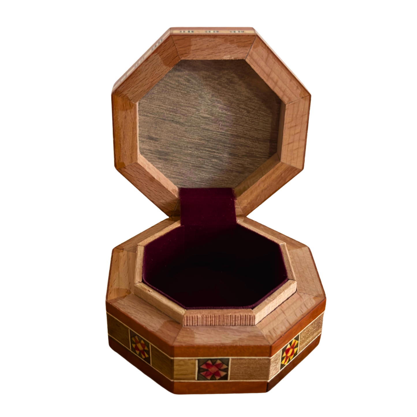 Octagonale damasceense mozaïek sieradendoos – Handgemaakt hout met parelmoer inleg in warme rustieke terracotta