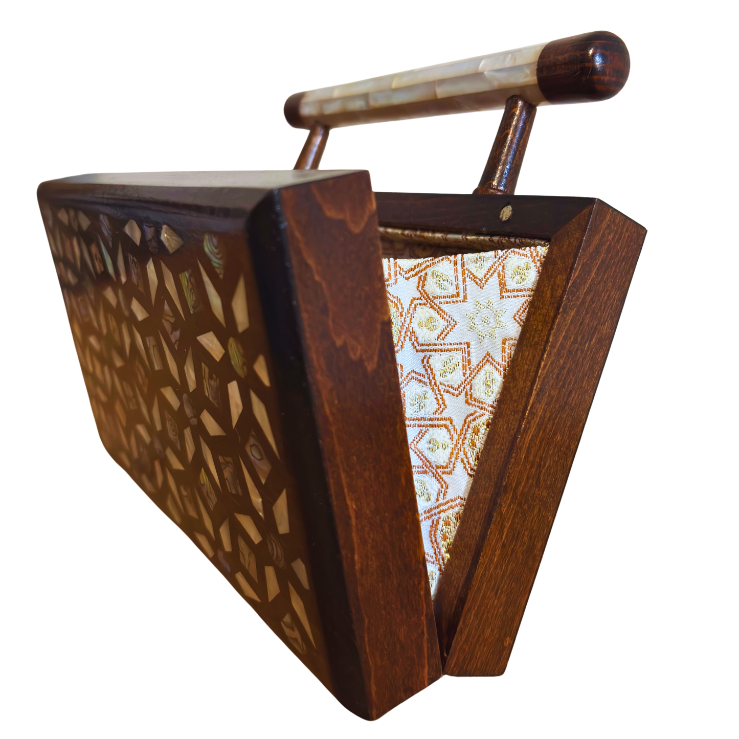 De Tuin der Geheimen – Handgemaakte Damascener Clutch van Notenhout met Geometrische en Botanische Inleg van Parelmoer