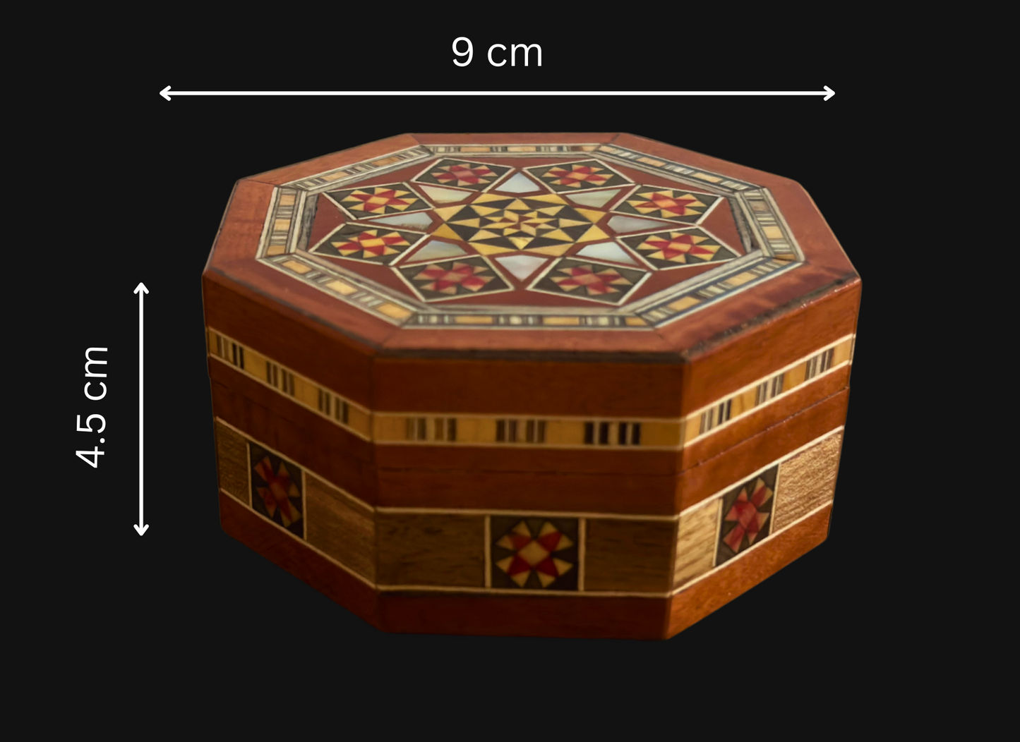 Octagonale damasceense mozaïek sieradendoos – Handgemaakt hout met parelmoer inleg in warme rustieke terracotta