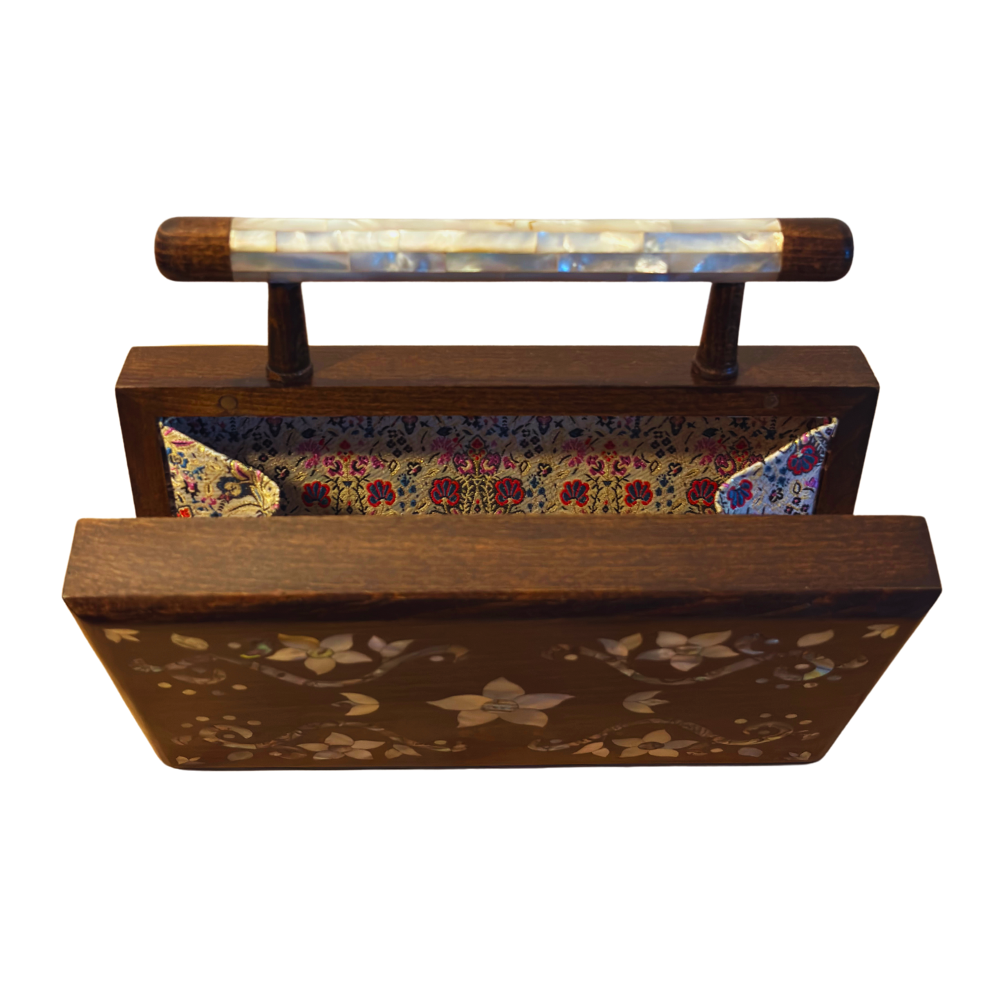 Sham – Luxe Damascene Clutch met Bloemmotief Parelmoer & Brokaat Voering