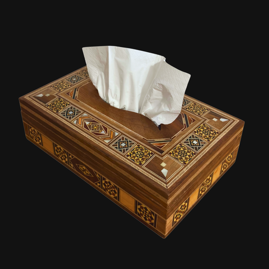 Elegante Damast Mozaïek Houten Tissue Box – Parelmoer Inleg & Fluwelen Binnenkant