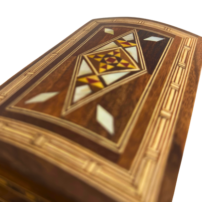 Caja de joyas damascena artesanal con incrustaciones de nácar – Lujoso cofre de madera para recuerdos