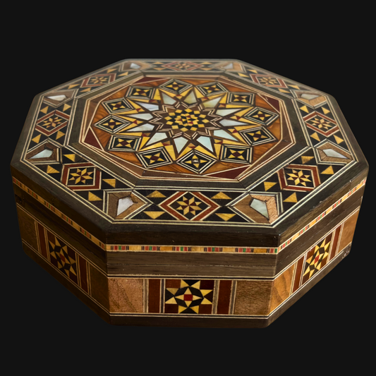 Elegante scatola ottagonale in mosaico damascato – Legno artigianale con intarsio in madreperla