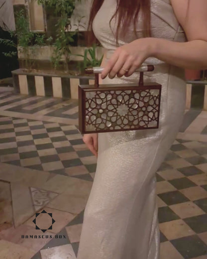 The Celestial Star – Handcrafted Damascene Clutch in Walnut Wood with Mother of Pearl Inlay