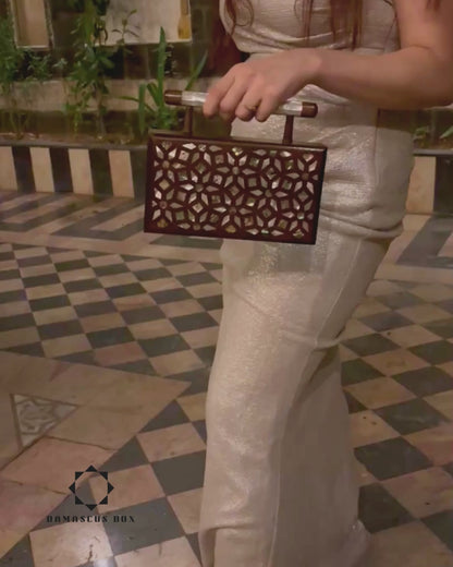 The Garden of Secrets – Handcrafted Damascene Walnut Clutch with Geometric & Botanical Mother of Pearl Inlay